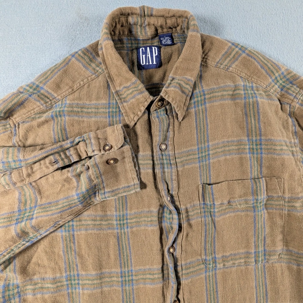 Vintage Gap Plaid Button Down Shirt Mens Large Brown Blue Linen Cotton Blend